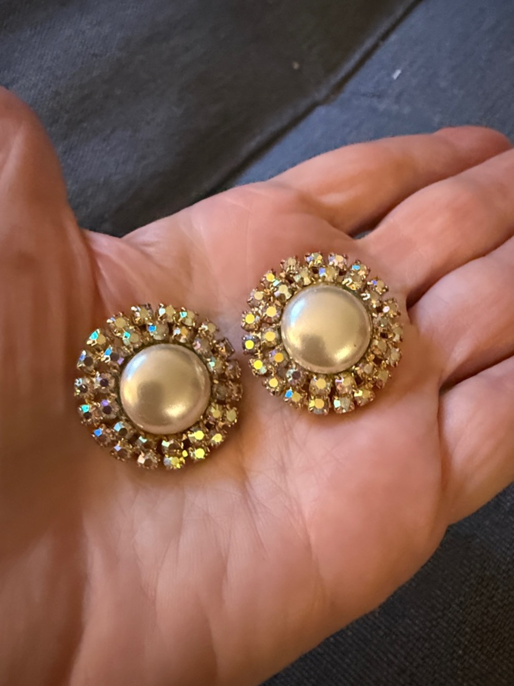 Coro Vintage Faux Pearl & Aurora Borealis Rhinestone Clip On Earrings.